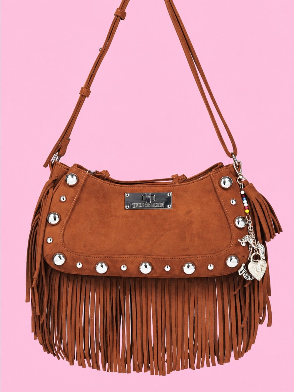 True Religion Suede Fringe Crossbody Bag in Cognac Brown